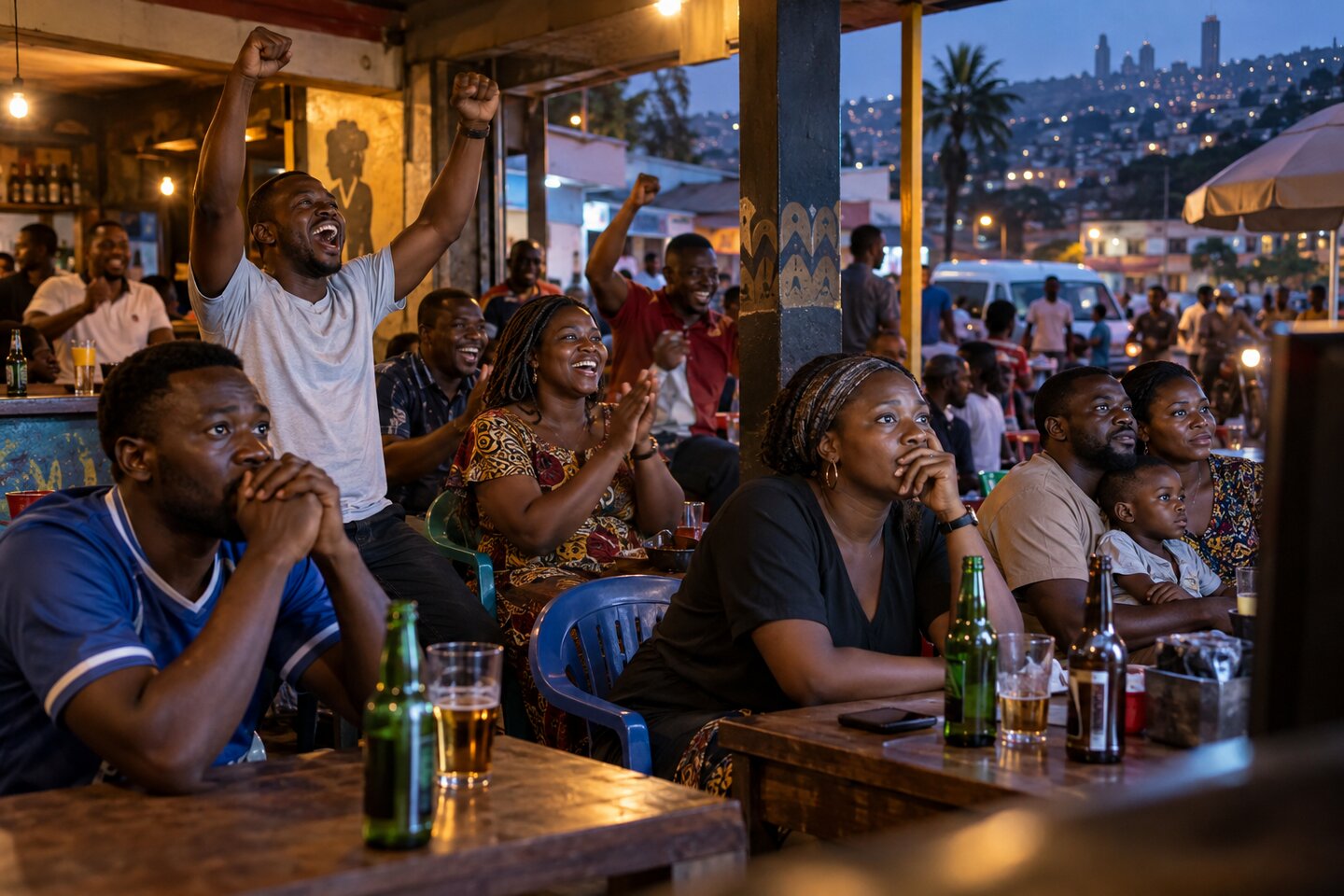 Supporters regardant ensemble un match européen dans un bar de quartier d’Afrique centrale